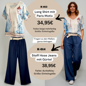 Stoff Hose Jeans mit Gürtel K-014 & Long Shirt mit Paris Motiv K-013